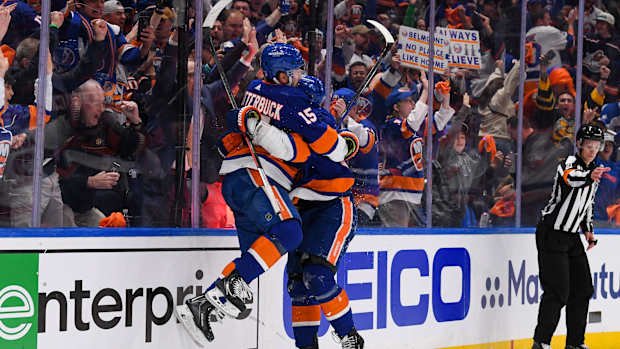 New York Islanders celebrate during their Stanley Cup Playoffs win at UBS Arena Friday night